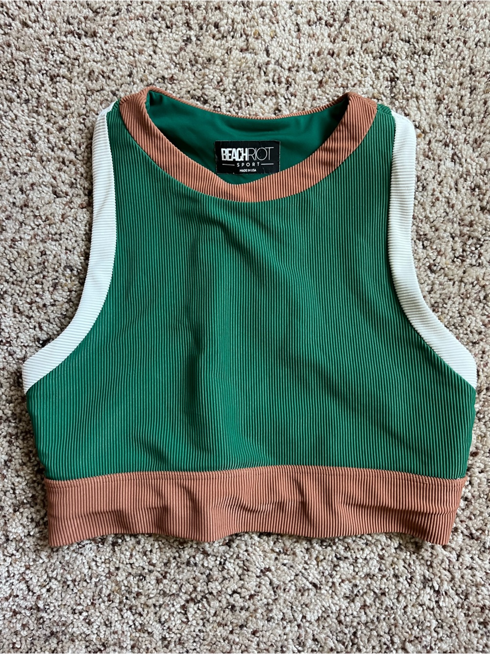 Beach Riot Sport Green Ribbed High Neck Neutral Color Block Sports Bra